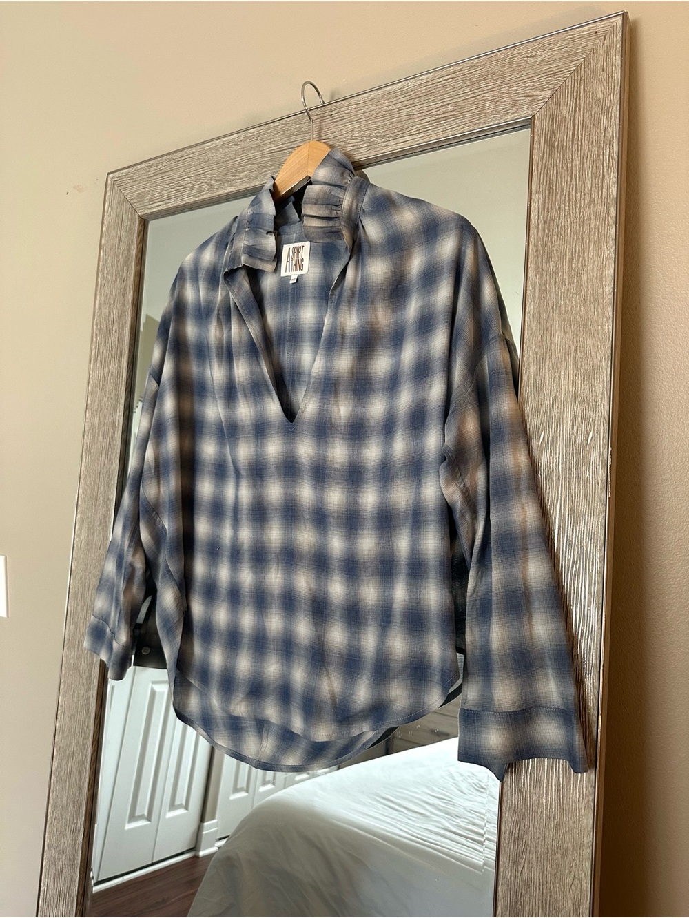A Shirt Thing Blue Plaid Long Sleeve Blouse Ruffle Neckline Size Small